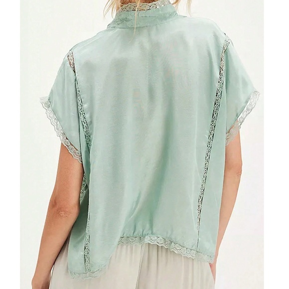 Lace Insert Button Down V neck Loose Fit Satin Blouse - Picture 3 of 6